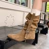 Retro Pointed Thick Heel Short Boots Women's Knight Boots 2025 Autumn and Winter New One-pedal Sleeve Western Boots Stacking Boots