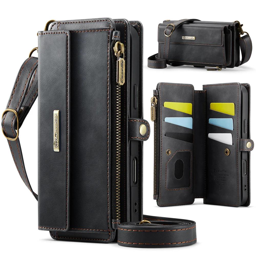 Retro Crossbody Zipper Purse Case for IPhone 17 Air 16 15 14 13 12 11 Pro Max XR XS PU Leather Vintage Card Slots Wallet Cover