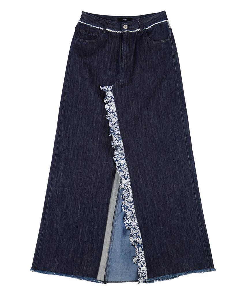 Monkey Flower Pants Remodeling Paisley Patch Long Denim Skirt/Sf7Wdp01F