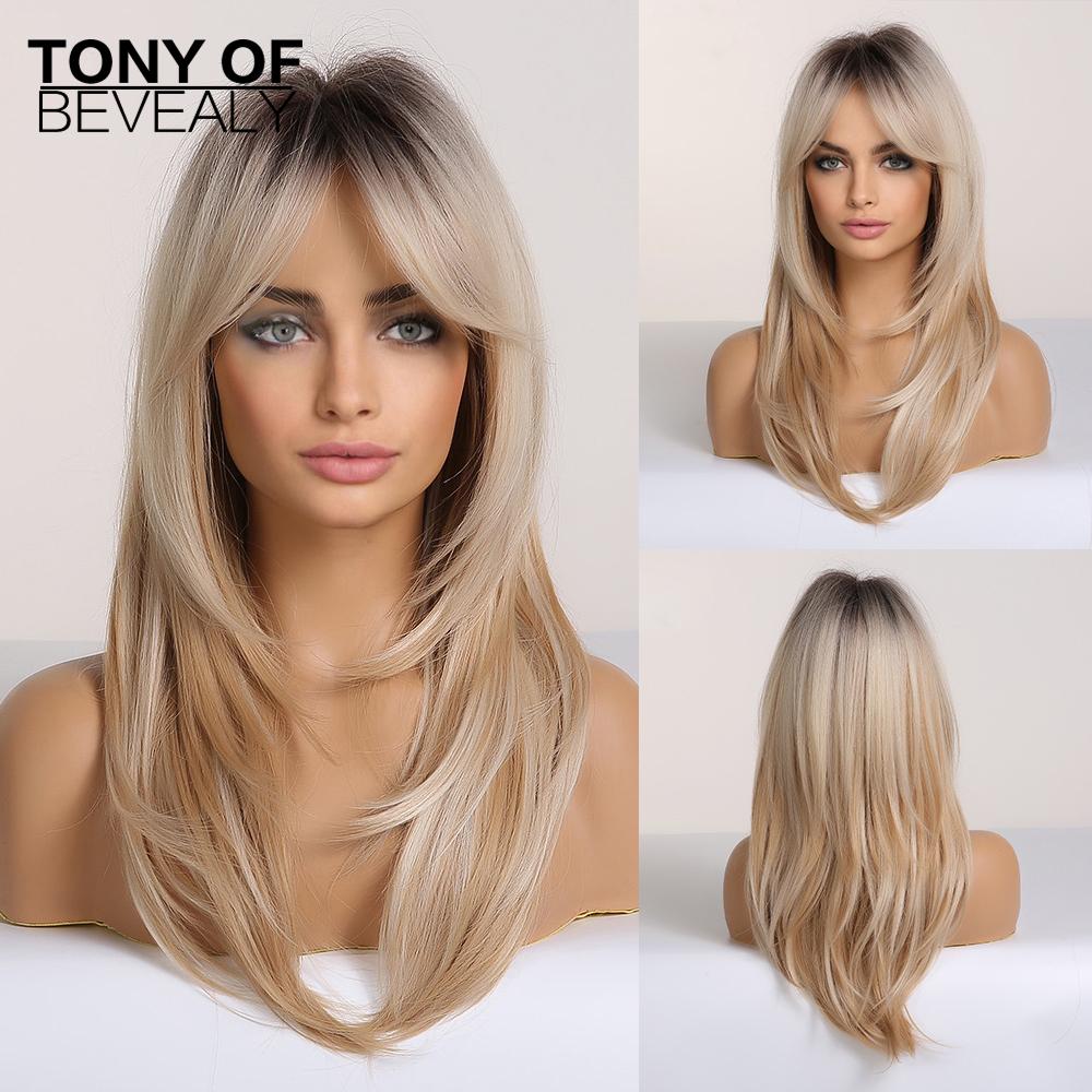 Long Wavy Layered Black-Brown Shoulder-Length Wigs With Bangs Heat Resistant Synthetic Wigs for Women Cosplay Daily Natural Wigs