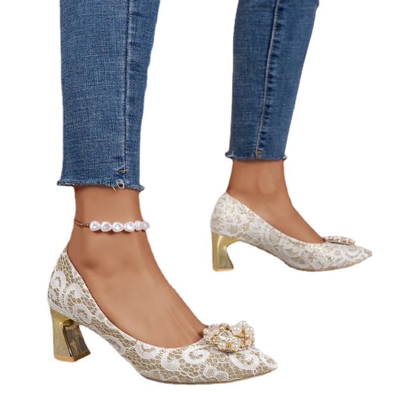 Mote Kvinner Krystallperlebesatte Sko Vår Høyhælte Chunky Femme Mote Luksus Kjolesko Elegante Lave Sko Zapatos Pumps