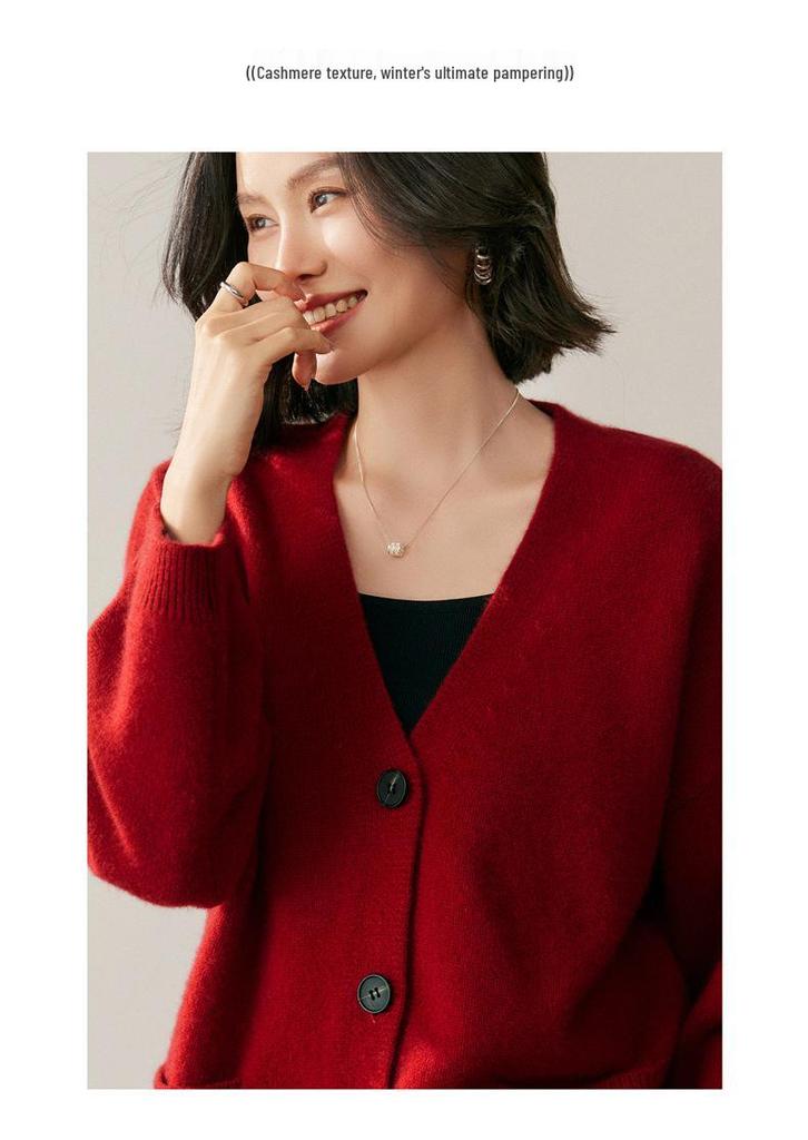 2026 Autumn/Winter Women's Oversized V-Neck Cashmere Cardigan Sweater