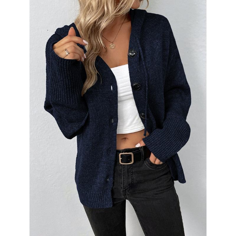 Herbst und Winter Damen Kordelzug Strickjacke Jacke Einfarbig Kapuze Einreihig Pullover