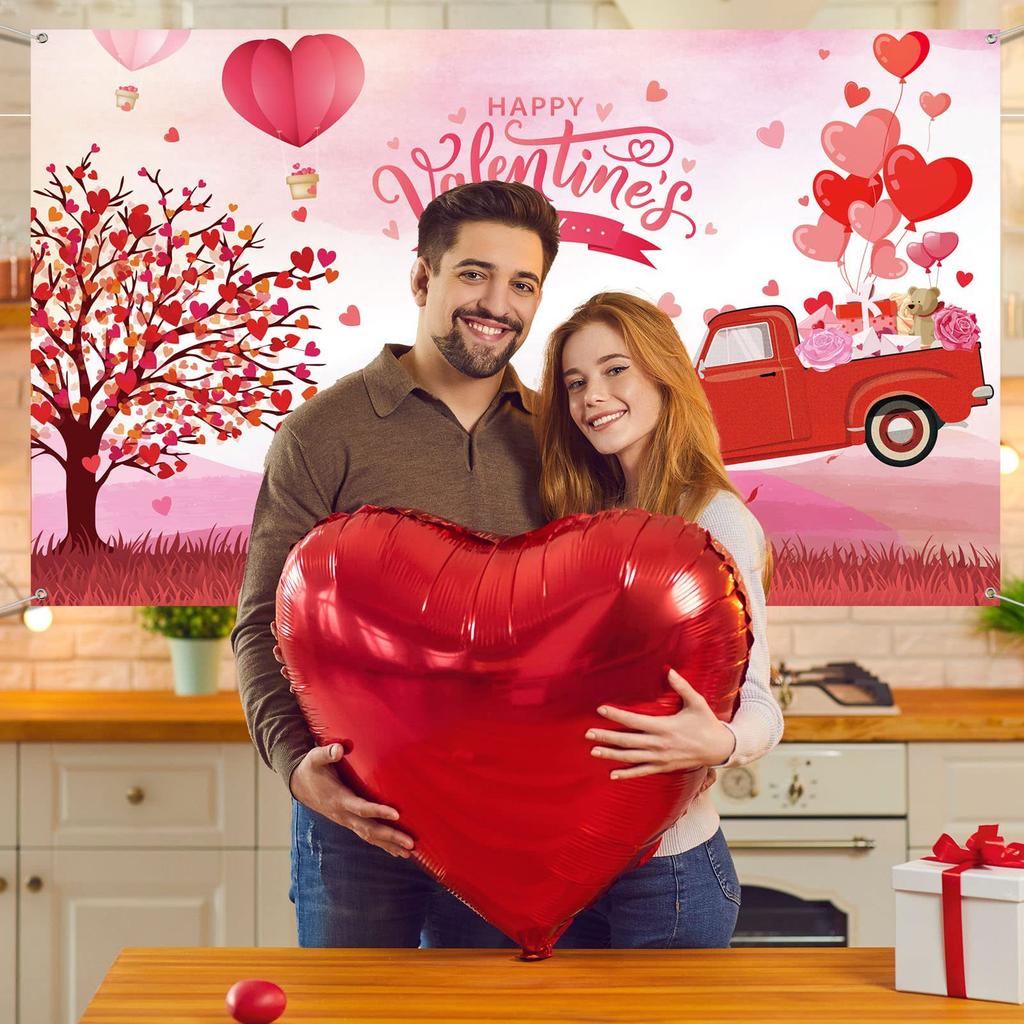Valentines Day Theme Backdrop Pink Brick Wall Red Rose Flower Love Heart Balloon Party Decoration Portrait Photo Booth Props