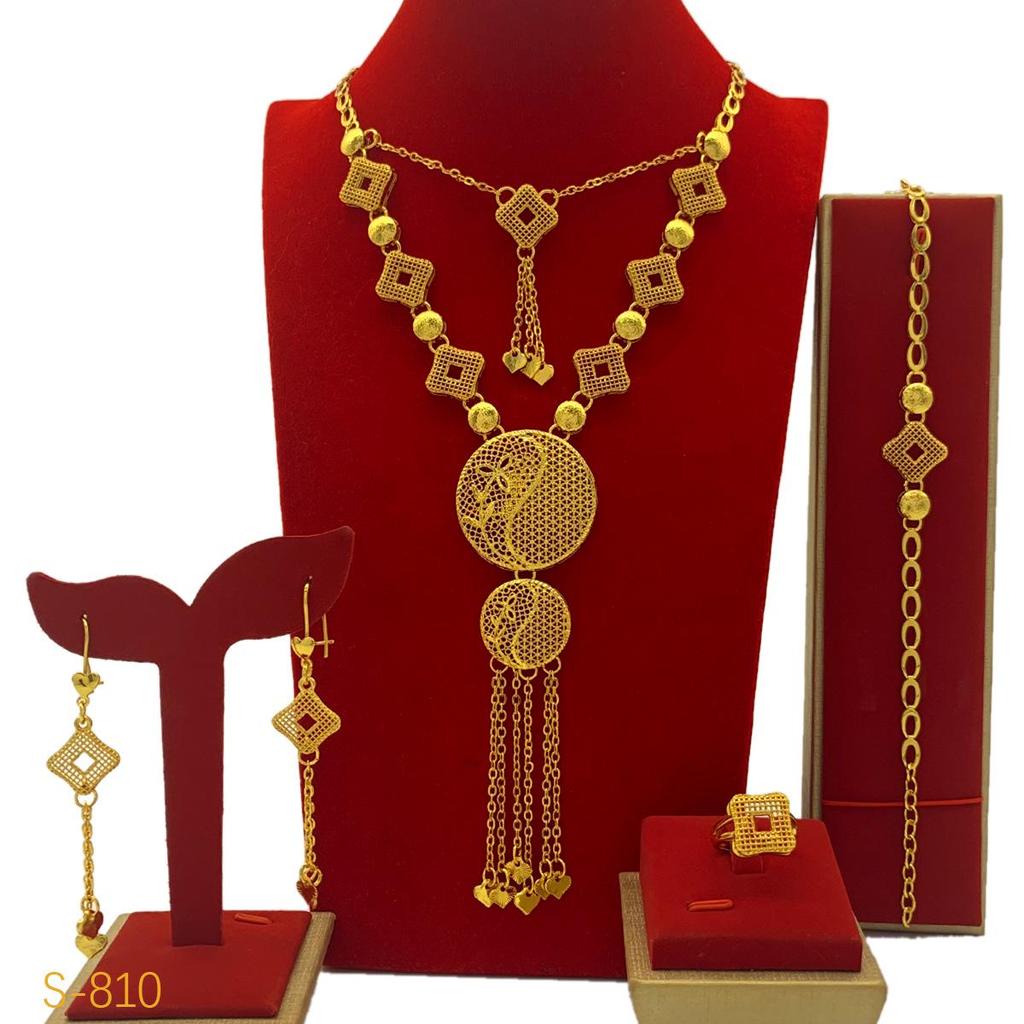Dubai Wedding Jewelry Set: Ethnic Brass Gold-Plated Necklace, Earrings, Ring, and Bracelet.