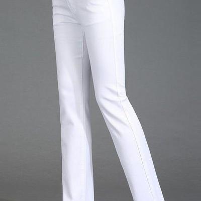 Women's High-Waist Stretch White Jeans - Straight Leg, Loose Fit, Plus Size, Casual Spring/Autumn Pants.