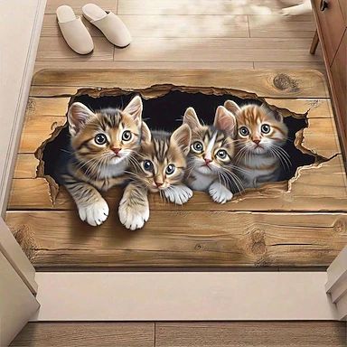 

A Litter of Kitten Printed Door Mats Vintage Ethnic Style Cute Hole 2D Printed Carpet Living Room Bedroom Foyer Floor Mat 40cm x 60cm