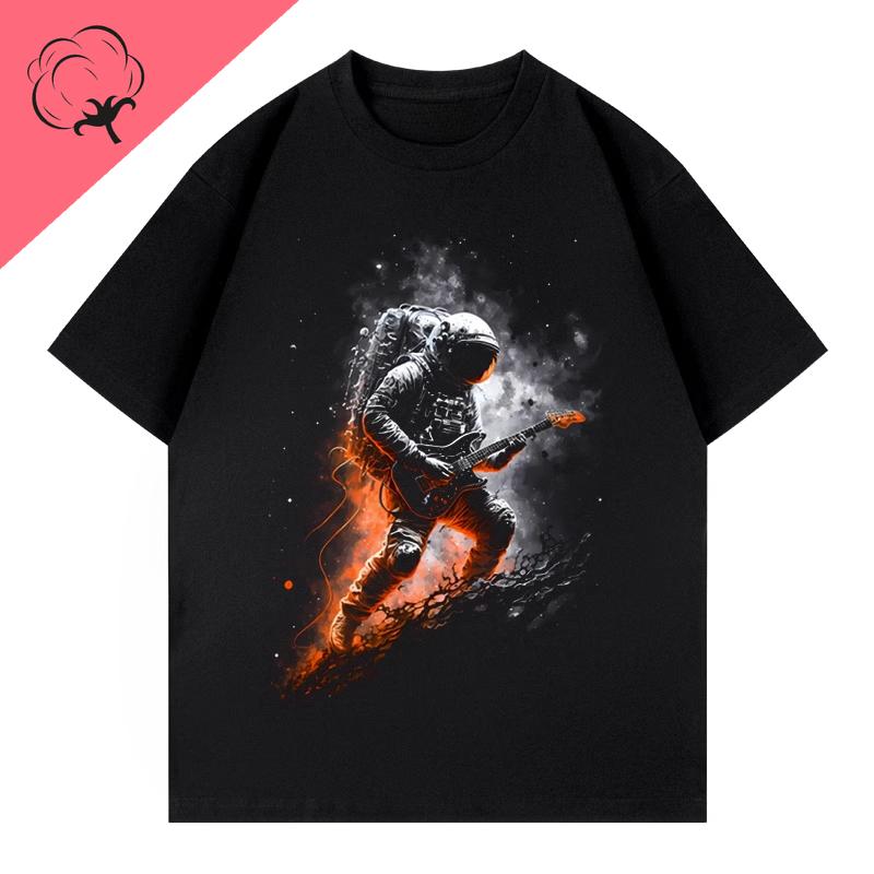 Fashion Cotton Short Sleeve Personality Beautiful Print Fantasy Space Astronaut Guitar Handsome Summer Men and Women