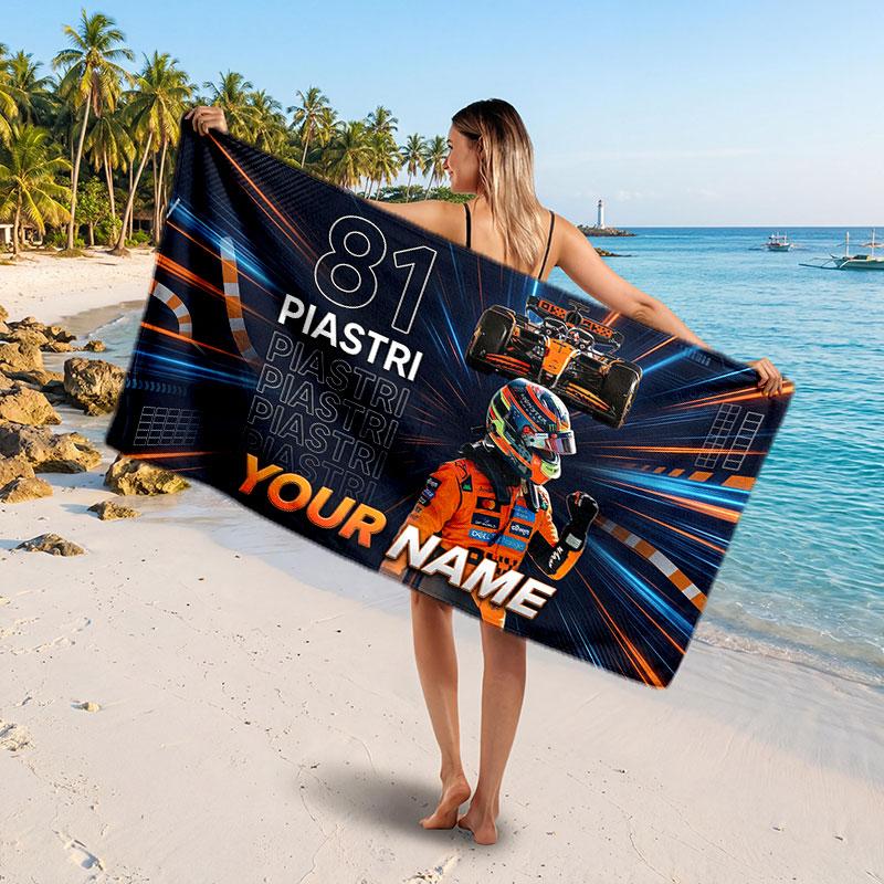Oscar Piastri Customized Name Text Beach Towel, Soft Absorbent Towel Beach Pool Travel Personal Gift