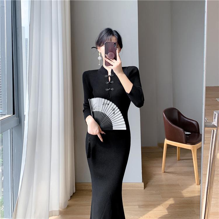 Autumn/Winter Retro Chinese Cheongsam Fishtail Knit Dress for Women