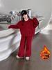 2025 Autumn/Winter Girls' Plus Velvet Chinese Style New Year Outfit - Solid Color