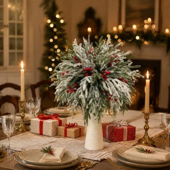 Tabletop Plant Ornaments for Home 20Pcs Christmas Norfolk Pine Picks, Flocked Snow Branches with Lifelike Floral Decor Gift Red Berries, Artificial