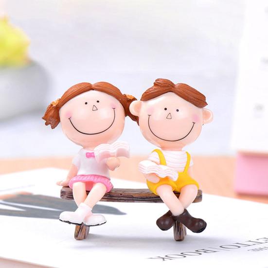 Cute Girl Boy Couple Sit Down Bench Figurine DIY Miniature Landscape Decoration