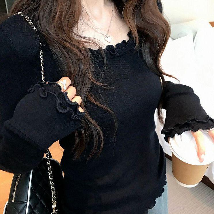 

Women s Elegant Long Sleeve Round Neck T-shirt - Autumn/Winter French Style with Double Layer Wood Ear Trim L (50-57kg) чёрный