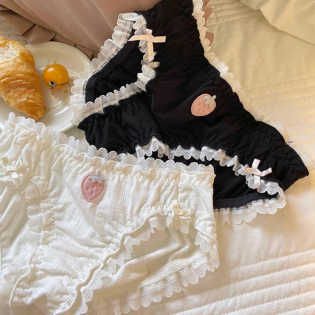 Japanese Sweet Strawberry Lace Trim Women's Panties - Cute, Comfortable, Soft Triangle Design for Summer.