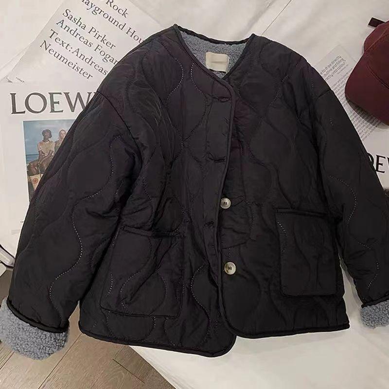 

Pink Women s Korean-Style Lambswool Jacket - Cotton-Padded, Thick Round Neck Winter Coat for 2025 XL [115-130 Jin] чёрный