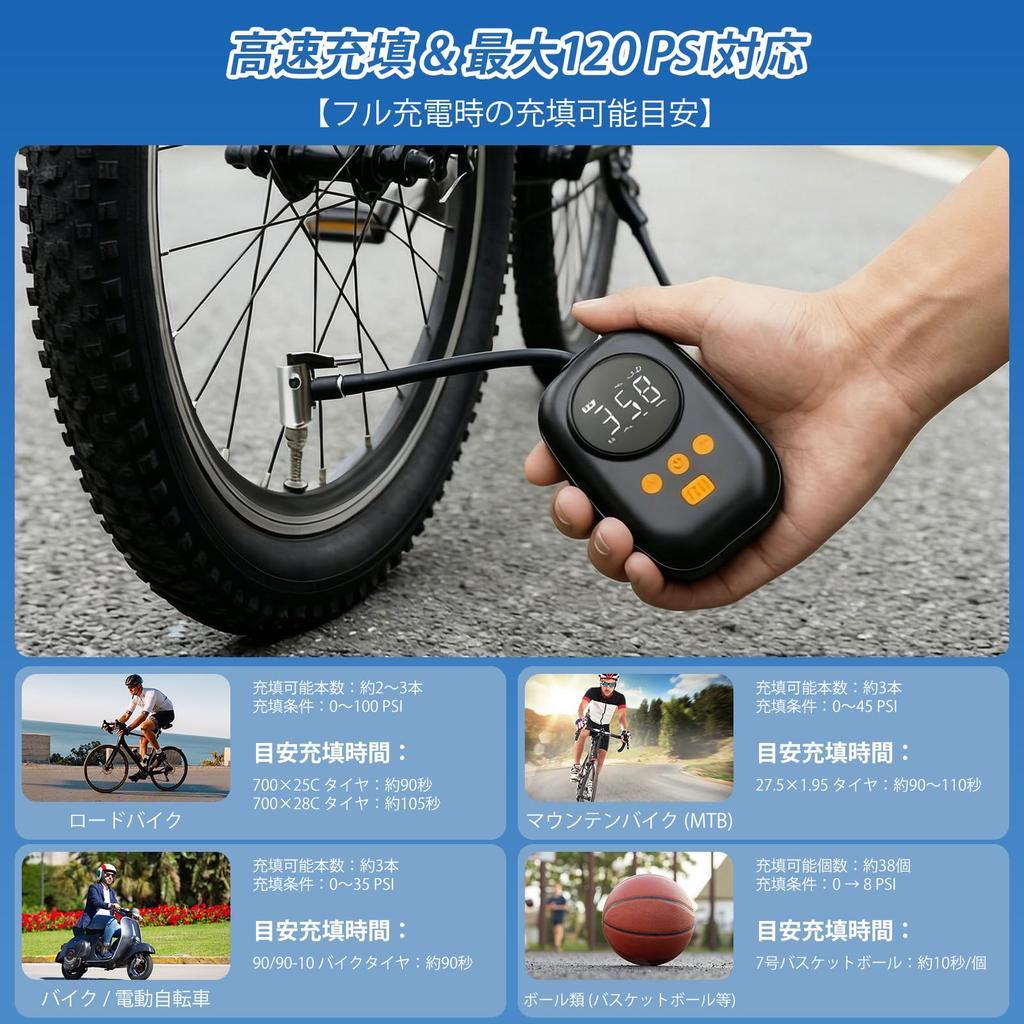 Oziral Ultra-Compact Electric Bicycle Pump, Max 120 PSI, Portable, Compatible with Presta, American, and British Valves, LED Light, Digital Pressure D