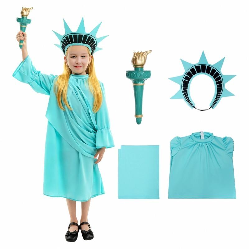 Déguisement Statue de la Liberté pour Enfants pour le Jour de l'Indépendance Filles Ensemble Robe Deluxe avec Couronne Torche & Cape pour le 4 Juillet