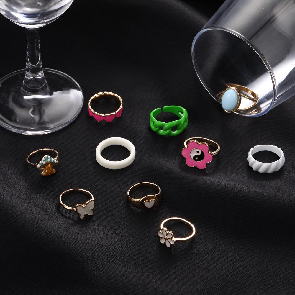 Fashion Personality Colored Butterfly Flower Mushroom Love 10-Piece Set Drip Oil Ring