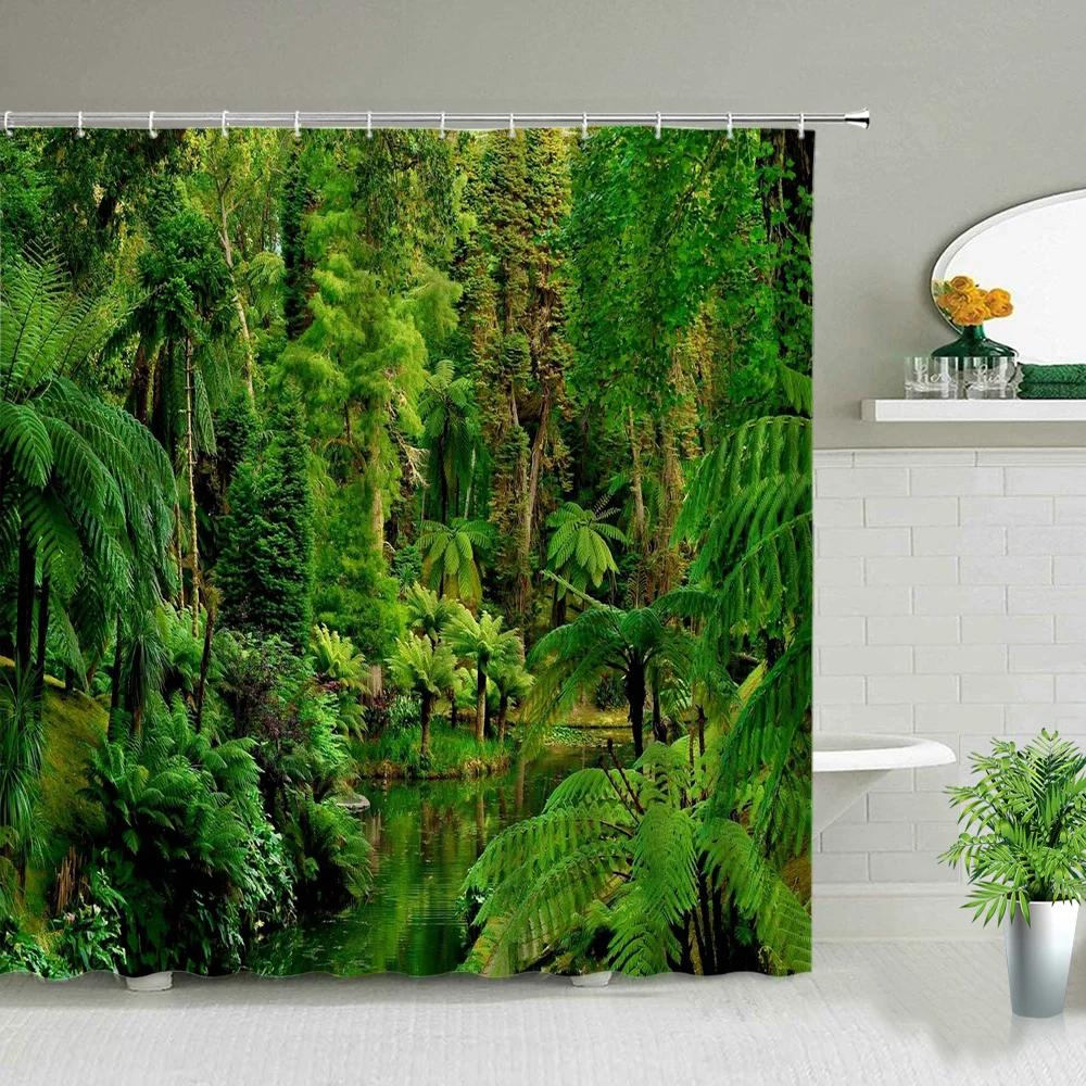 Park Garden Tree Flower Pond Nature Landscape Shower Curtain Bathroom Polyester Waterproof Fabric Curtains Home Bathtub Decor