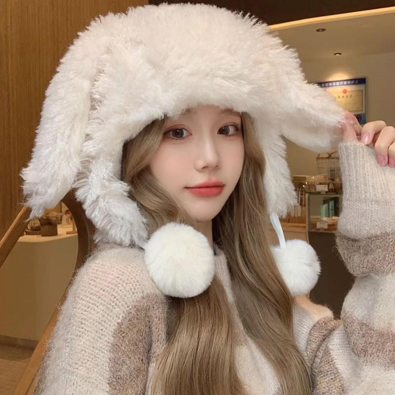 Winter Thickened White Plush Cartoon Rabbit Ears Female Age Reduction Sweet and Cute Ear Protection Warm Pullover Cap