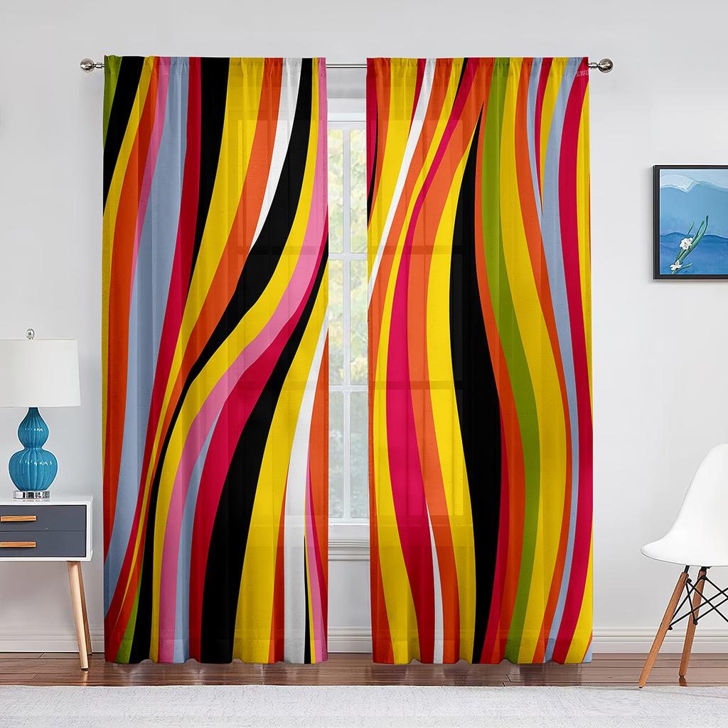 Abstrakt konst Färgglada vågor Ränder Geometriska tyllgardiner för vardagsrum Sovrumsinredning Skir voilegardin Fönsterdekorationer
