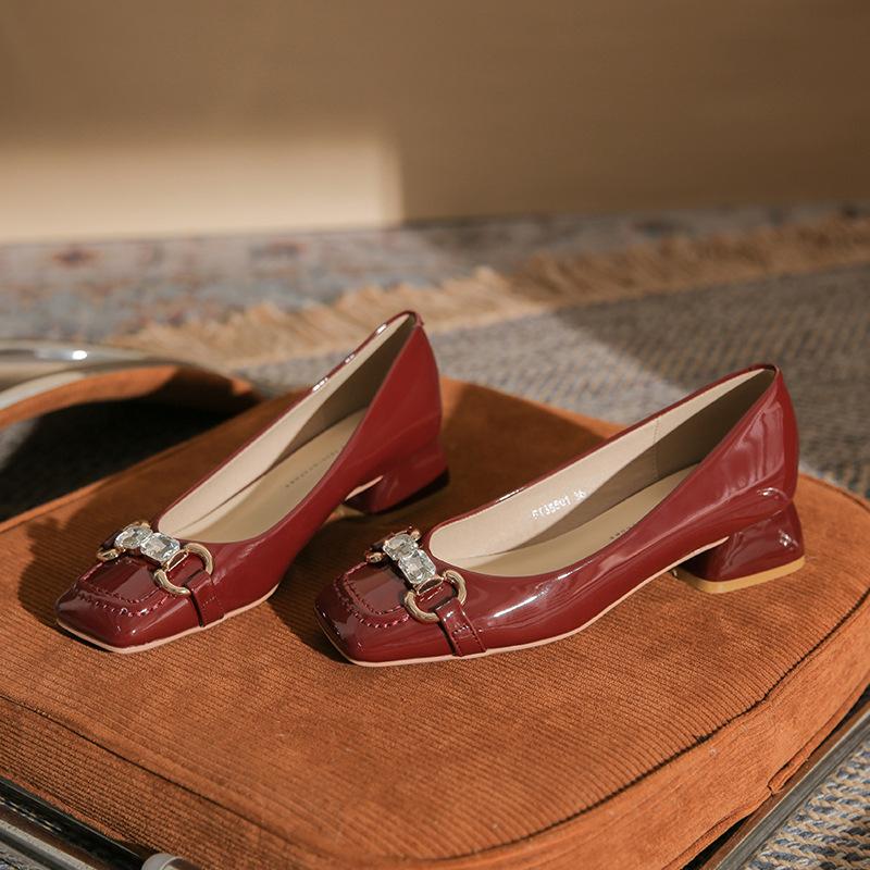 New square head metal buckle thick heel high heel temperament simple wind shallow mouth women's single shoes