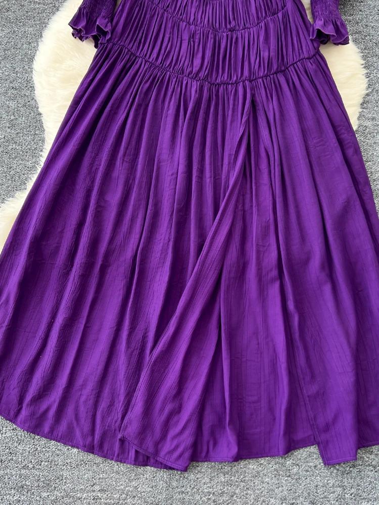 Autumn France Elegant Formal Occasion Dress Women Solid Slim Lantern Sleeve Open Fork Party Dress Female Fashion Robe Ball Gown