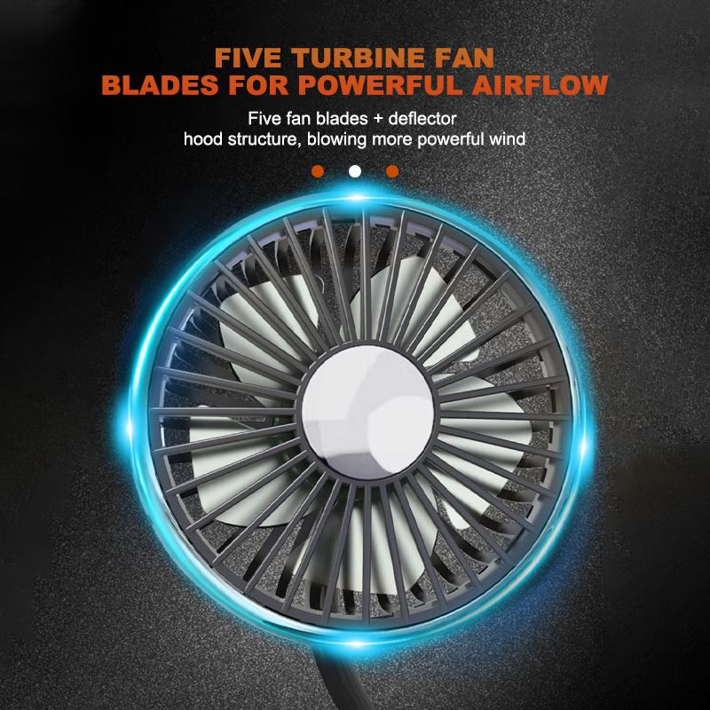 SEAMETAL USB Car Cooling Fan with 360° Rotatable Double Head 3 Speed Regulation Rear Air Fan for Truck