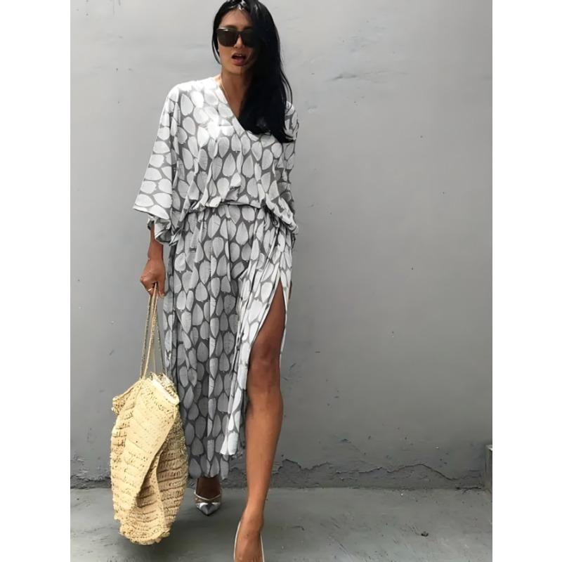 Plus Size Women's Leaf Print Beach Beach Holiday Batsleeve Bikini with A Dress
