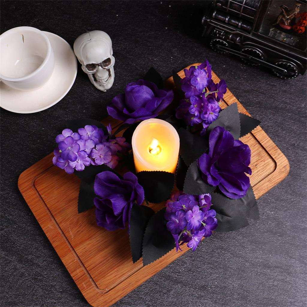 Halloween Purple Rose Candle Wreath, Decorative Artificial Flower Vine Ring, Desktop Decoration Atmosphere Decoration Props