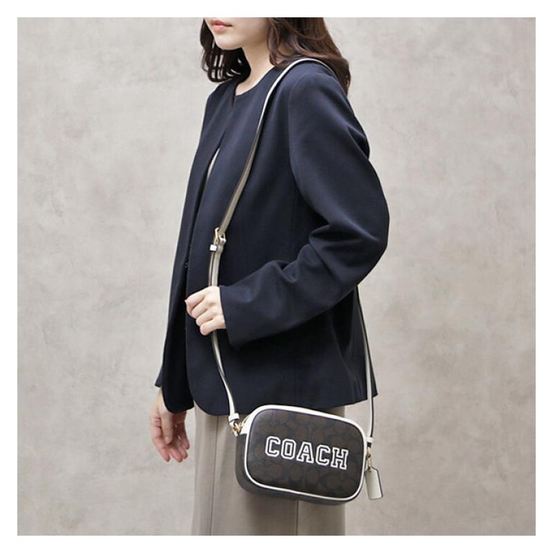 Coach Shoulder Bag Jamie 19 Zippered Double Card Slot Interior Multi-function Pocket Signature Coated Canvas and Smooth Leather Camera Small Women's