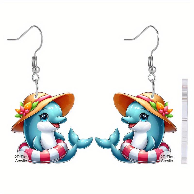 Vocation Coastal Dolphin Acrylic Earrings for Women, Tropical Beach Theme Drop Earrings, Design for Daily and Party Wear