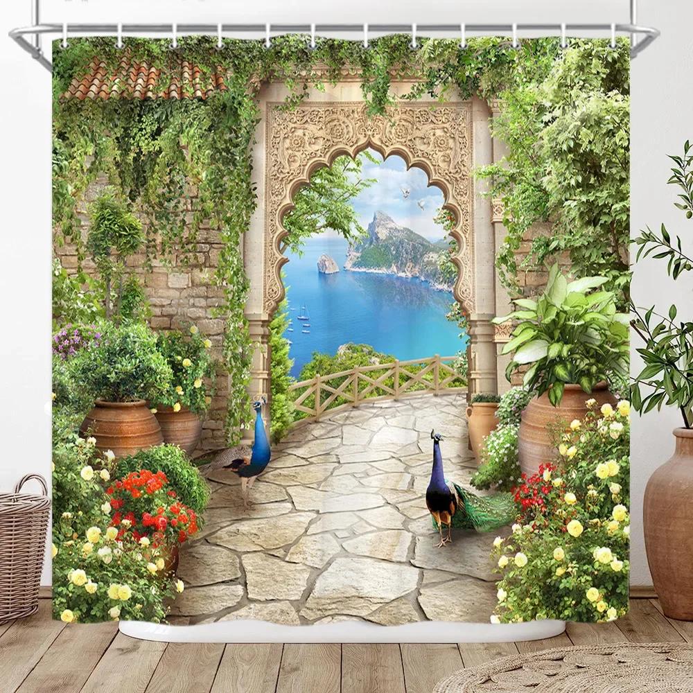

3D Roman Column Palace Sea View Shower Curtain Green Palm Tree Lake Landscape Bathroom Decor Bath Curtain Polyester Fabric Hooks 180x210cm-70x83in