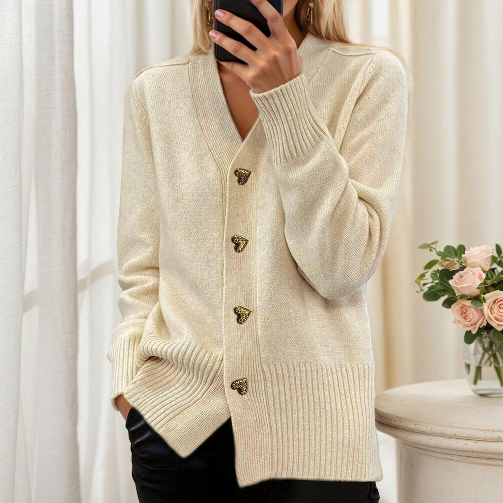 Women's Solid Color V-Neck Long Sleeve Buttoned Cardigan Sweater Coat