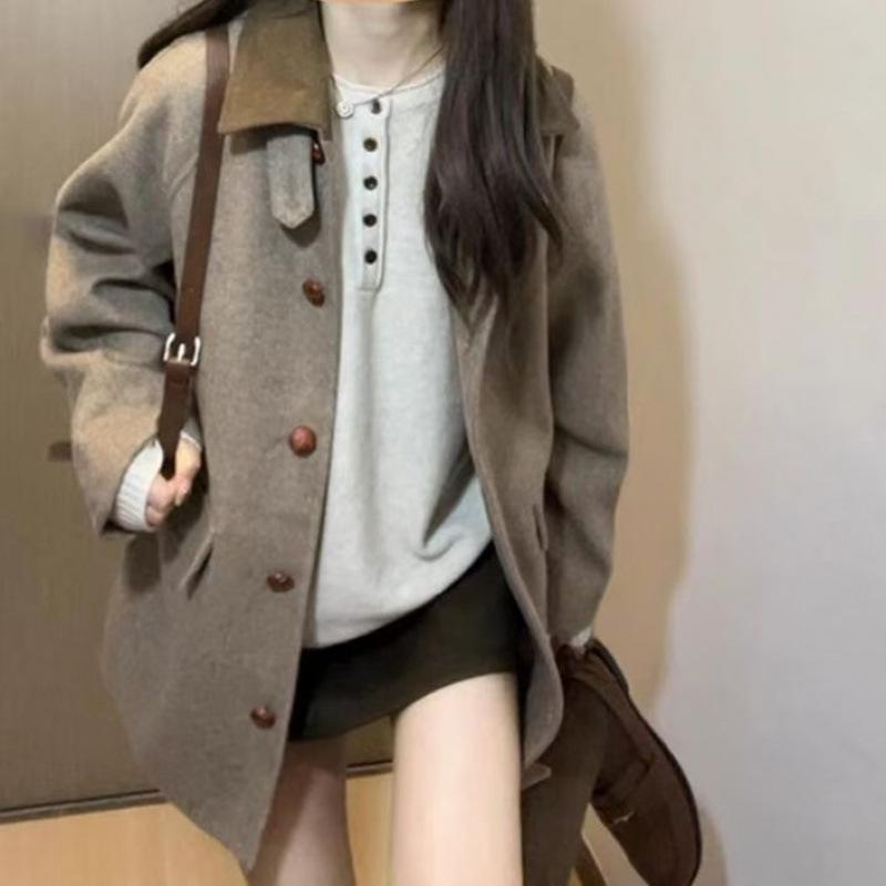 Color Matching Collar Woolen Coat Women's Spring and Autumn New Woolen Coat
