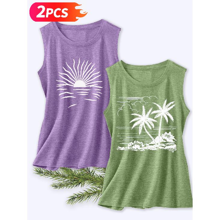 Follow a Specific Direction Two-piece Women's Tank Top with Beach Coconut Tree Print Elegant Summer Party Outfits Sleeveless Vest Essential Fashion