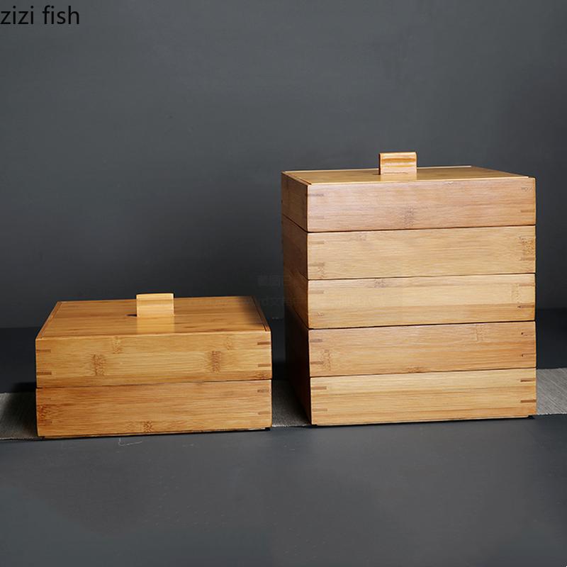 Bamboo Tea Box Square Storage Box Tea Cake Organizer Stackable Tea Cabinet Multi-layer Storage Bin Tea Organizer Tea Container