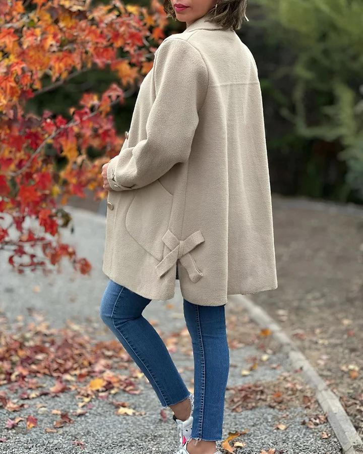 2024 Autumn/Winter Women's Solid Color Bow Lapel Wool Coat