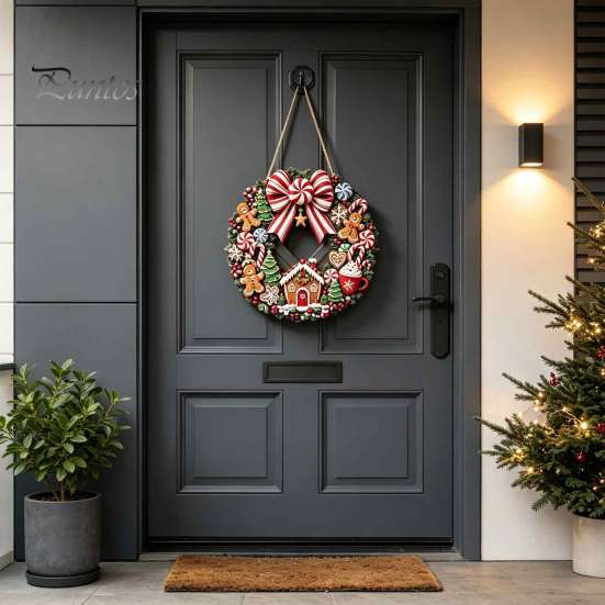 Cintre de Porte Décoratif en Bois Mannele Couronne Panneau pour Porte d'Entrée, Plaque Suspendue Rétro de Noël avec Entrée Festive Saisonnière Canne à Sucre Ruban