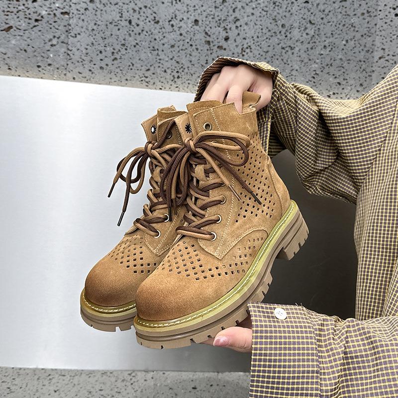 Hollow Martin boots women's summer new soft leather retro women's short boots cow suede leather tooling boots