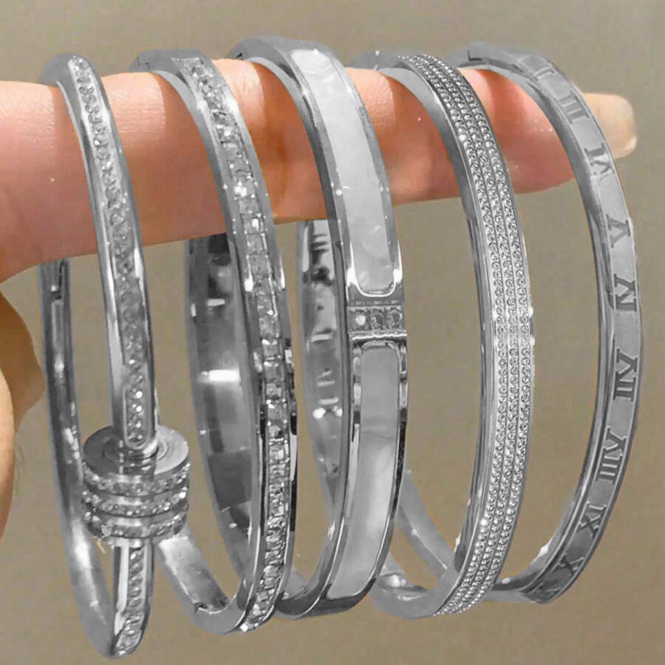 Yupsk Bracciale per Coppia in Acciaio di Titanio Zircone Lucido Intarsiato Braccialetti in Acciaio Inossidabile Colore Oro/Argento Gioielli da Donna Regalo
