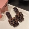 French Medium High Heel Leopard Print One-word Slippers Women's Shoes Wear 2025 New Autumn Retro Fluffy Sandals