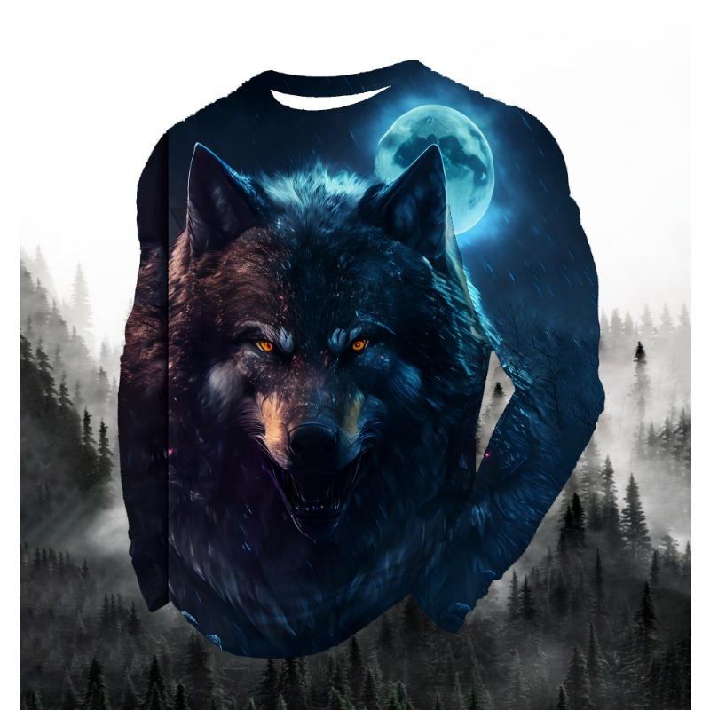 2024 Men's Fashion Print Round Neck Long Sleeve Party Autumn Sports Casual Pullover Men 3d Lonely Wolf Blue Print Tops