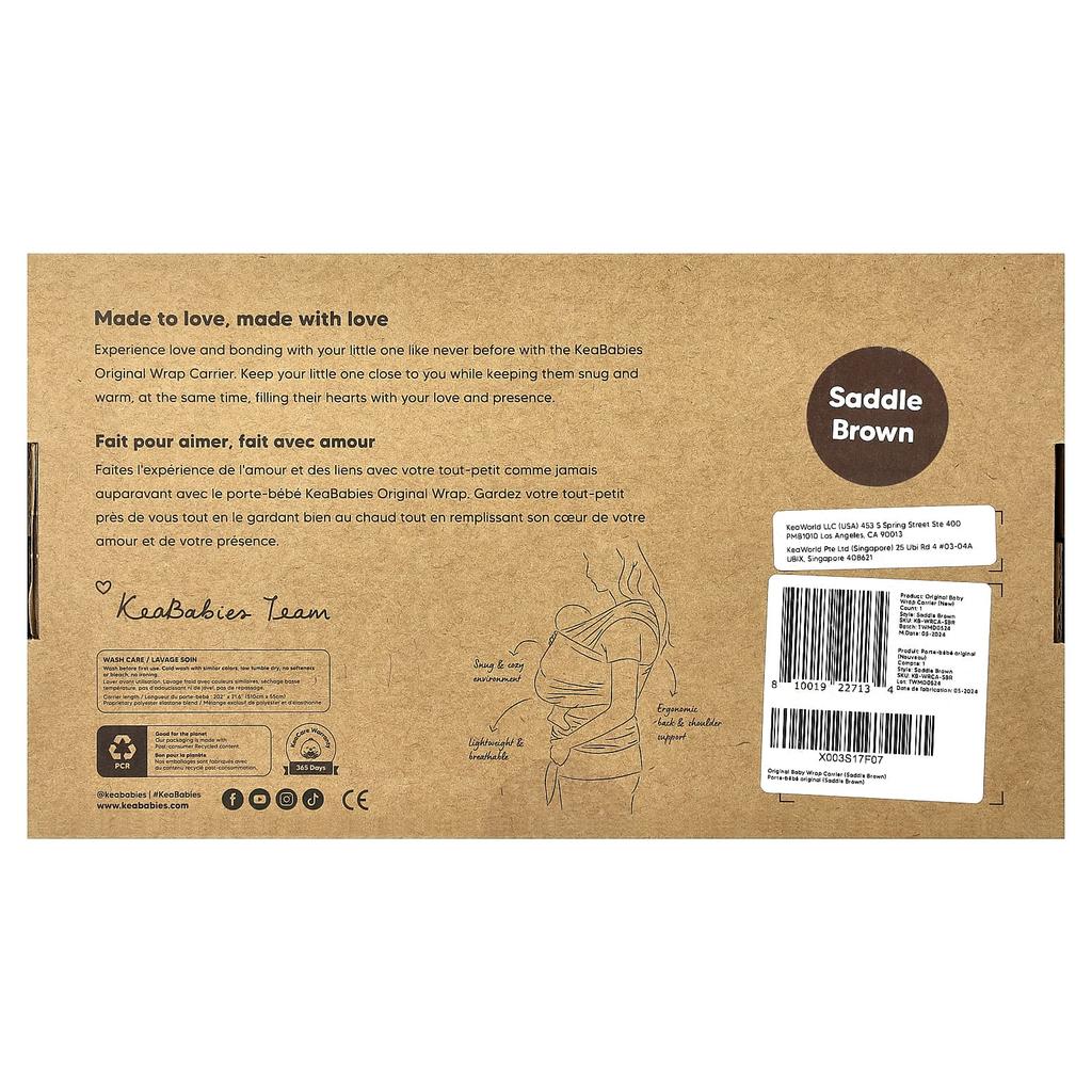 KeaBabies Original Baby Wrap Portable Support, 0-36 Months, Saddle Brown, 1 Count