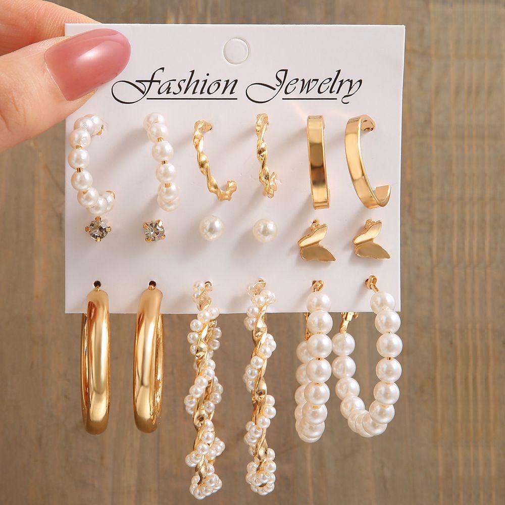 Creative Butterfly & Pearl C-Shaped Stud Earrings Set for Women - 9 Pieces золотой