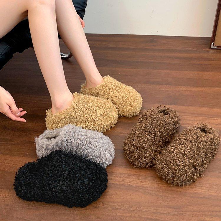 sponge cake thick bottom curly hair plush bag head half slippers women's wear 2025 autumn and winter new warm and heightening cotton slippers