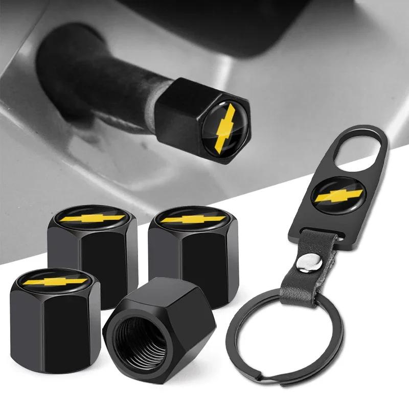 For Chevrolet KM04PCS Lockable Metal Tire Valve Caps with Keychain - Anti-Theft Car Badge Covers Fit Chevrolet Silverado Impala Malibu Cruze Aveo