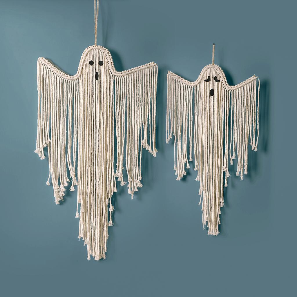 White Macrame Halloween Ghost Wall Hanging Tapestry, Hand-Woven Tassels Tapestries for Home, Bedroom Living Room Wall Decor Gift