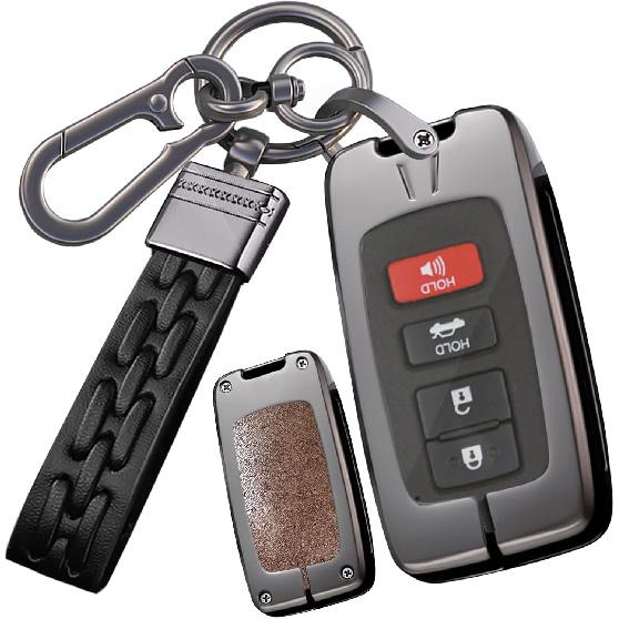 SANRILY Metal Leather 2/3/4 Button Smart Key Fob Cover for Toyota Tacoma 2023 2022 Avalon Camry Corolla RAV4 Highlander Sequoia 2021 Tundra 4Runner